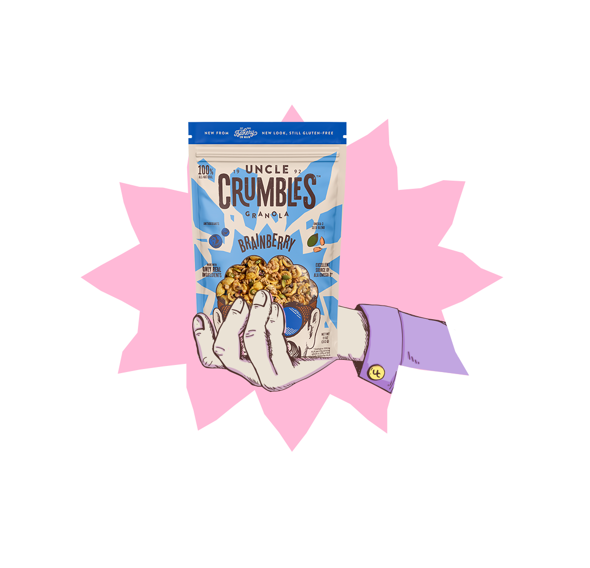 A hand holding a bag of Uncle Crumbles Brainberry granola