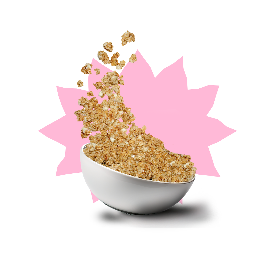 A white bowl of Uncle Crumbles Cinna-Maple-Crunch being tossed in the air.