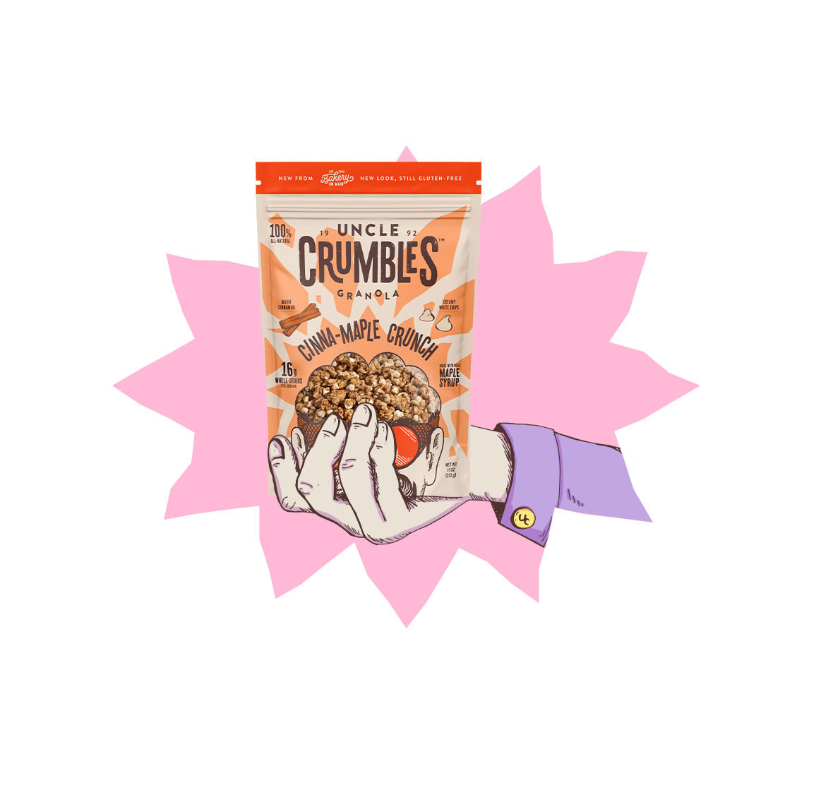 A hand holding a bag of Uncle Crumbles Cinna-maple crunch